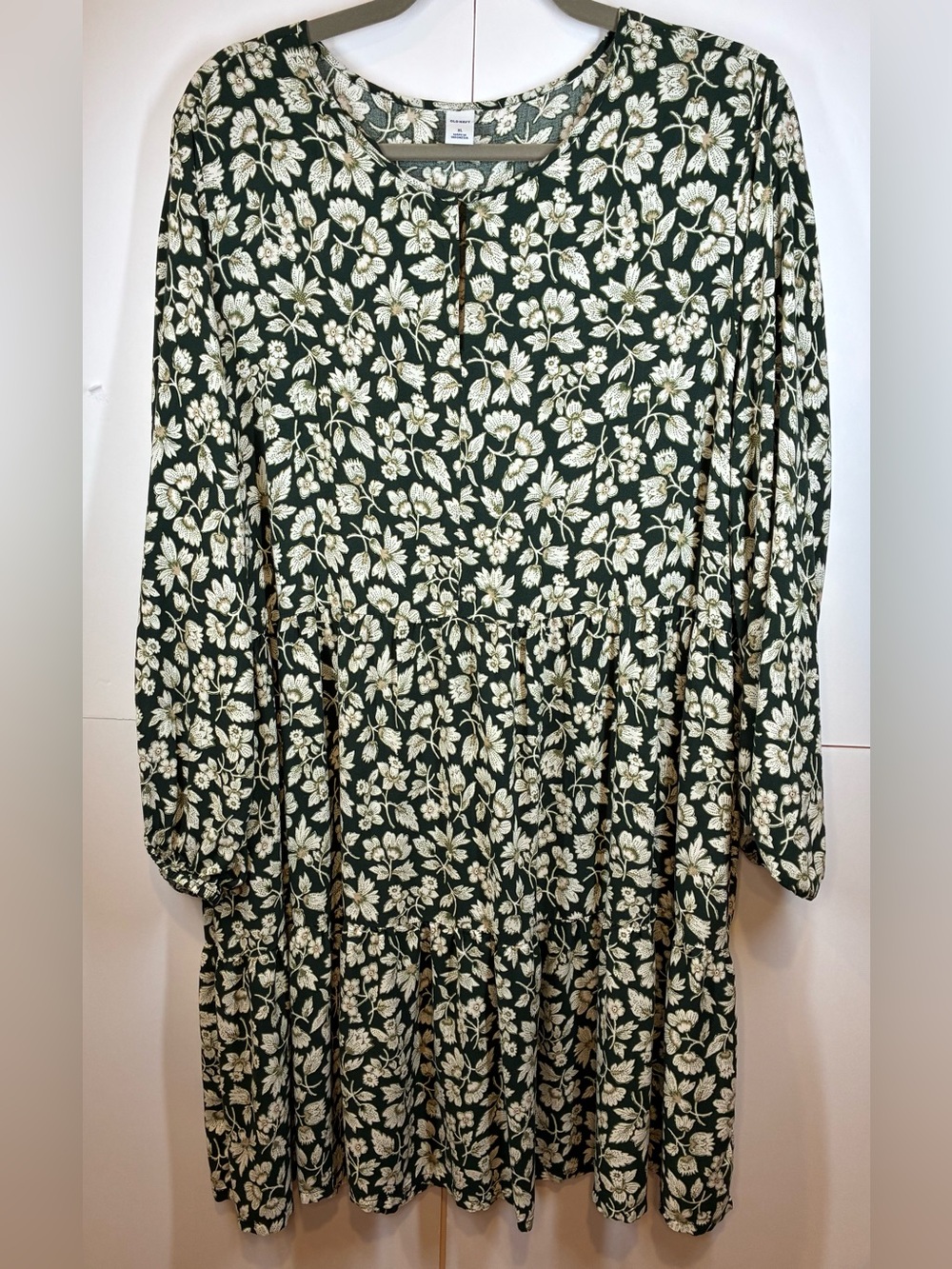 Old Navy Floral Babydoll Tiered Dress Green White Long Sleeve Women's XL